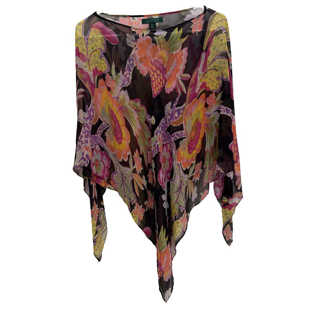 Lauren Ralph Lauren 100% Silk Floral Shawl Poncho Sheer Romantic Boho OS